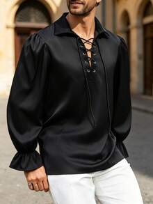Manfinity AFTRDRK Men's Solid Color Tie Collar Design Fashion Shirt - Black - View 4
