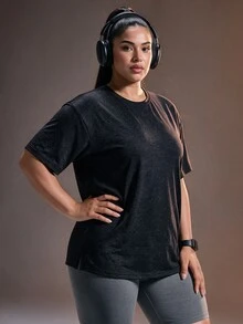 Powerista Kaos Olahraga Kasual Serbaguna Lengan Pendek Kerah Bulat Warna Polos untuk Wanita Ukuran Besar - Hitam - View 1