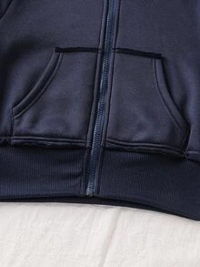 SHEIN Tween Girl Dark Grey Zip-Up Hooded Sweatshirt And Sweatpants Casual Set Kids - Navy Blue - View 5