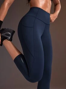 Powerista Women's Solid Color Casual Daily Wear Sports Tight Leggings - Navy Blue - View 3