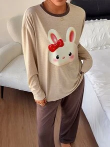 DAZY Cute Rabbit Pattern Loose Long Sleeve T-Shirt & Straight Leg Long Pajama Pants 2pcs Set Women's Loungewear - Brown - View 5