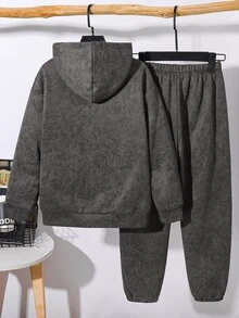 SHEIN 兒童青少年男孩休閒街頭風百搭極簡紮染雪洗布料連帽衛衣長袖套頭衫與長褲2件套，適合通勤、上學、日常休閒、運動、旅行、街頭穿搭，秋冬款 - 灰色 - 查看 3