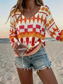 RIVANDRE Sweater Kasual Lengan Panjang Wanita dengan Motif Geometris, Leher V, dan Bahu Longgar - MultiWarna - View 1