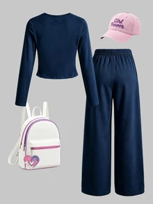 Tween Girls Bow Stripe Long Sleeve Top & Wide Leg Pants Set, Navy Blue Pink Fall Casual Outfit, 2 Pcs - Multicolor - View 2