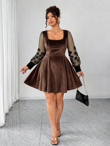 Elenzga Women's Plus Size Square Neck Solid Color Mesh Patchwork Embroidered Long Sleeve Cinched Waist Full Skirt Elegant Dress - Brown - View 7