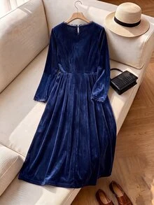 Rusticease Women's Elegant 1920 Vintage 1960s Round Neck Long Sleeve Lace Patchwork Design Dress Party Fancy Senior Navy Blue Fall - Navy Blue - View 2