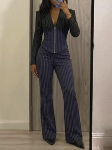 StreetHx Women's Striped Zip-Up Long Sleeve Top And Pants Casual Suit Set - Dark Grey - View 2