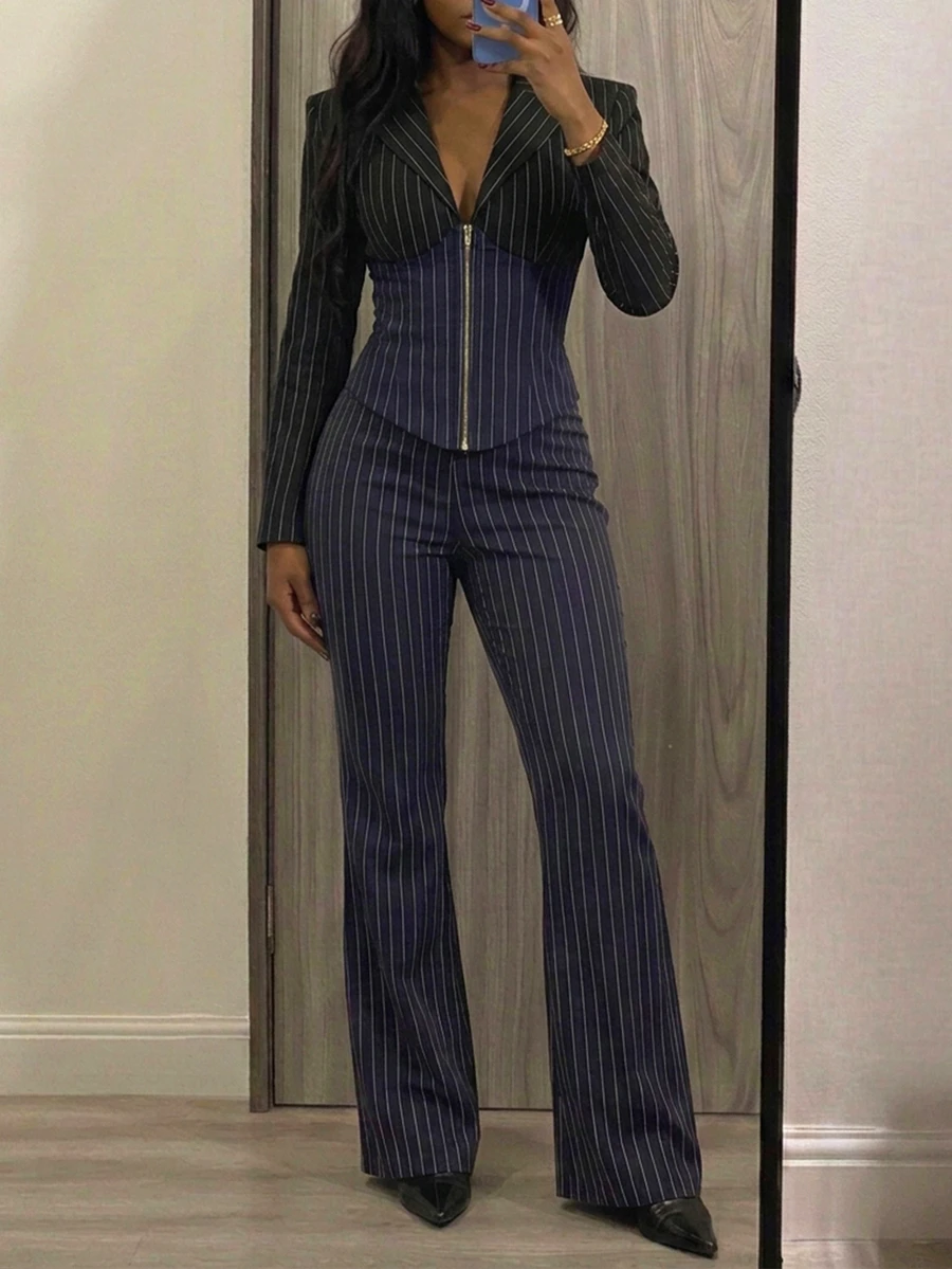 StreetHx Women's Striped Zip-Up Long Sleeve Top And Pants Casual Suit Set