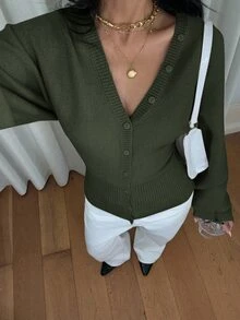 Siren Gaze 女款純色鈕扣修身腰針織開襟衫，休閒日常穿著，秋冬/新年/冬季女款毛衣 - 墨綠色 - 查看 6