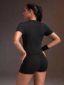 Powerista Women's Brown Graphic Print Black Short Sleeve Tight Shorts Sports Set(Suitable For Jogging And Workout) - Black - View 2