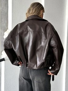 Pariaura Elegant Lapel Zipper Side Pocket Cool Slimming Daily Commute Street Style Jacket Coat Top - Brown - View 2