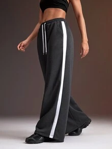 Powerista Women's Drawstring Elastic Waist Double Pocket Side Contrast Stripe Casual Loose Sports Pants - Dark Grey - View 3