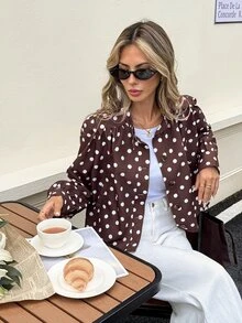 SHEIN Frenchy Jaket Wanita Lengan Panjang Berkerah Kancing Motif Polkadot Cokelat, Cocok untuk Dipakai di Musim Gugur, Mantel Musim Dingin Wanita, Atasan Motif Polkadot - Coklat - View 7