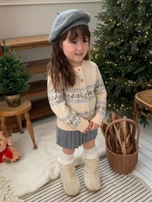 DAZY Infant/Toddler (Girl) Round Neck Floral Korean Style Autumn/Winter Casual Knit Sweater - Dusty Blue - View 5