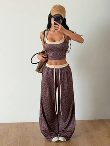 Coolane Women's Leopard Print Halter Neck Tie Tank Top And Drawstring Waist Long Pants 2 Pieces Set - Multicolor - View 3