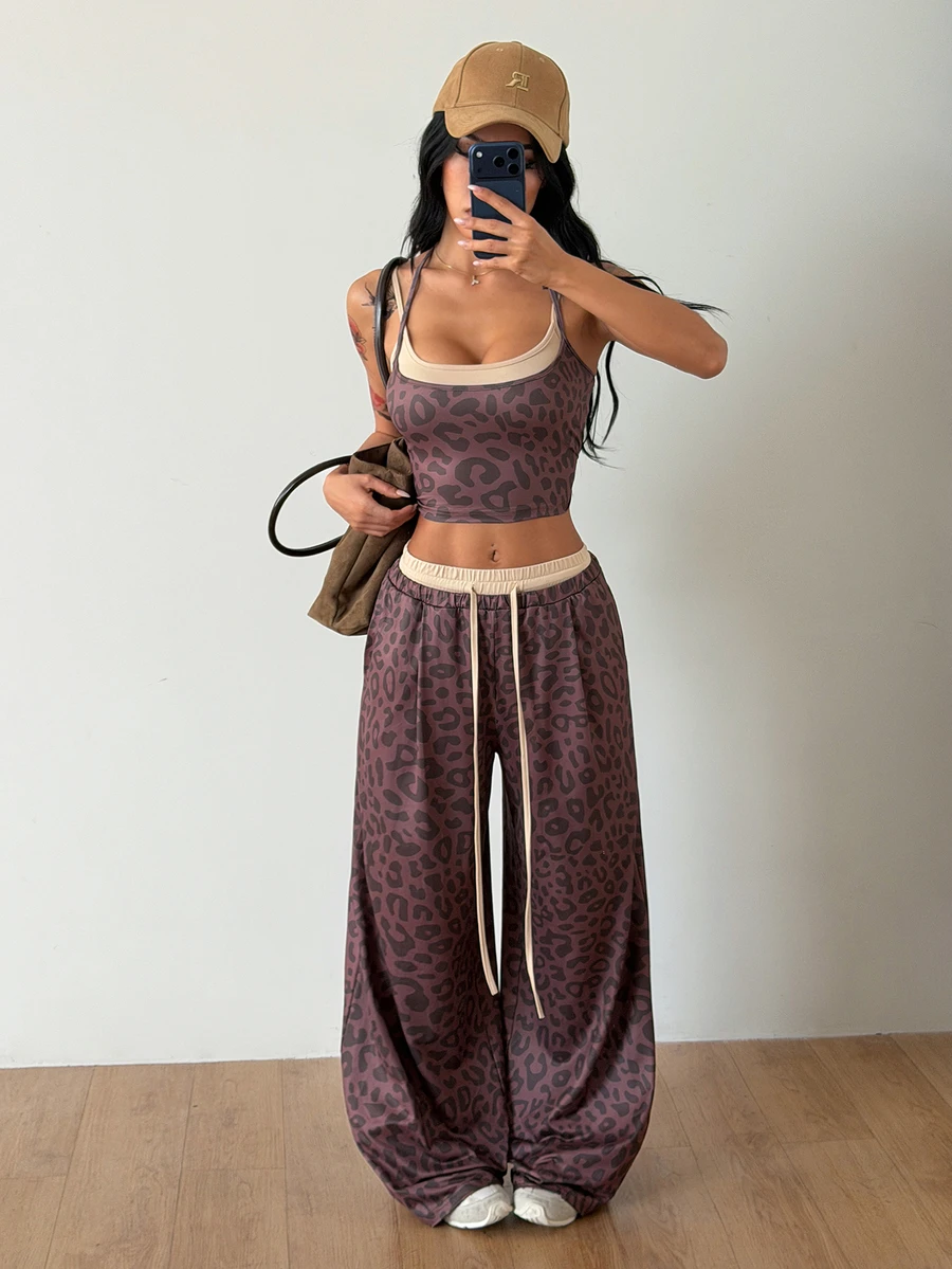 Coolane Women's Leopard Print Halter Neck Tie Tank Top And Drawstring Waist Long Pants 2 Pieces Set - Multicolor - View 1
