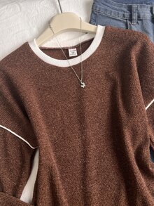 SHEIN Girls' Colorblock Horizontal Striped Long Sleeve T-Shirt, Pink, Coffee, Beige Three-Color Patchwork Round Neck Drop Shoulder Loose Oversize Lazy Pullover Top, Preppy Style Spring Autumn Daily Casual Outing Base Layer T-Shirt - Brown - View 4