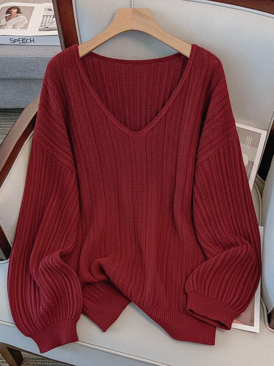 GlowEve CURVE Plus Size Elegant V-Neck Drop Shoulder Long Sleeve Pullover Sweater Fall Winter - Burgundy - View 1