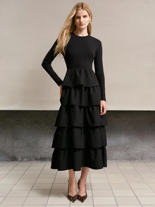 MOTF PREMIUM WOMEN'S ELEGANT COMMUTE WAIST-CINCHED RUFFLE HEM MID-LENGTH DRESS - Black - View 5