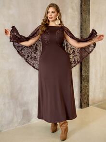 Roveilla Plus Size Women Dark Color Slimming Lace Back Drape Elegant Lady Party Banquet Dress - Brown - View 7