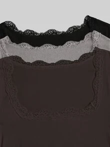Sweetra 時尚方領撞色蕾絲喇叭袖彈性針織上衣 T-shirt - 彩色 - 查看 8