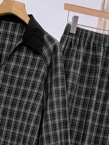Rusticease Setelan Kasual Sehari-hari Wanita: Atasan Lengan Panjang dan Celana Motif Kotak-kotak - Hitam - View 5