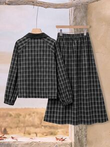 Rusticease Setelan Kasual Sehari-hari Wanita: Atasan Lengan Panjang dan Celana Motif Kotak-kotak - Hitam - View 2