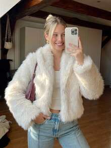 Livesso Women's Solid Color Lapel Neck Long Sleeve Loose Faux Fur Jacket - White - View 8