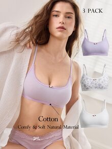 Ocili 3pcs/Set Floral Print Pure Cotton Knitted Comfortable Women's Bra With Flower Bud Decoration - Dusty Purple - View 1
