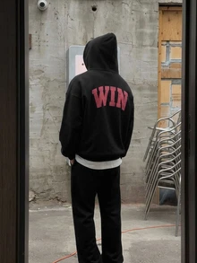 DAZY Autumn/Winter Thermal-Lined Black Flag Pattern Letter Print Men's Hoodie Sweatshirt Set With Elastic Waist Straight Leg Sweatpants - Black - View 3