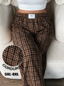 SHEIN CURVE+ Plus Size Women's High Waist Loose Corduroy Fabric Pants With Pockets & Patch Design, - Multicolor - View 1