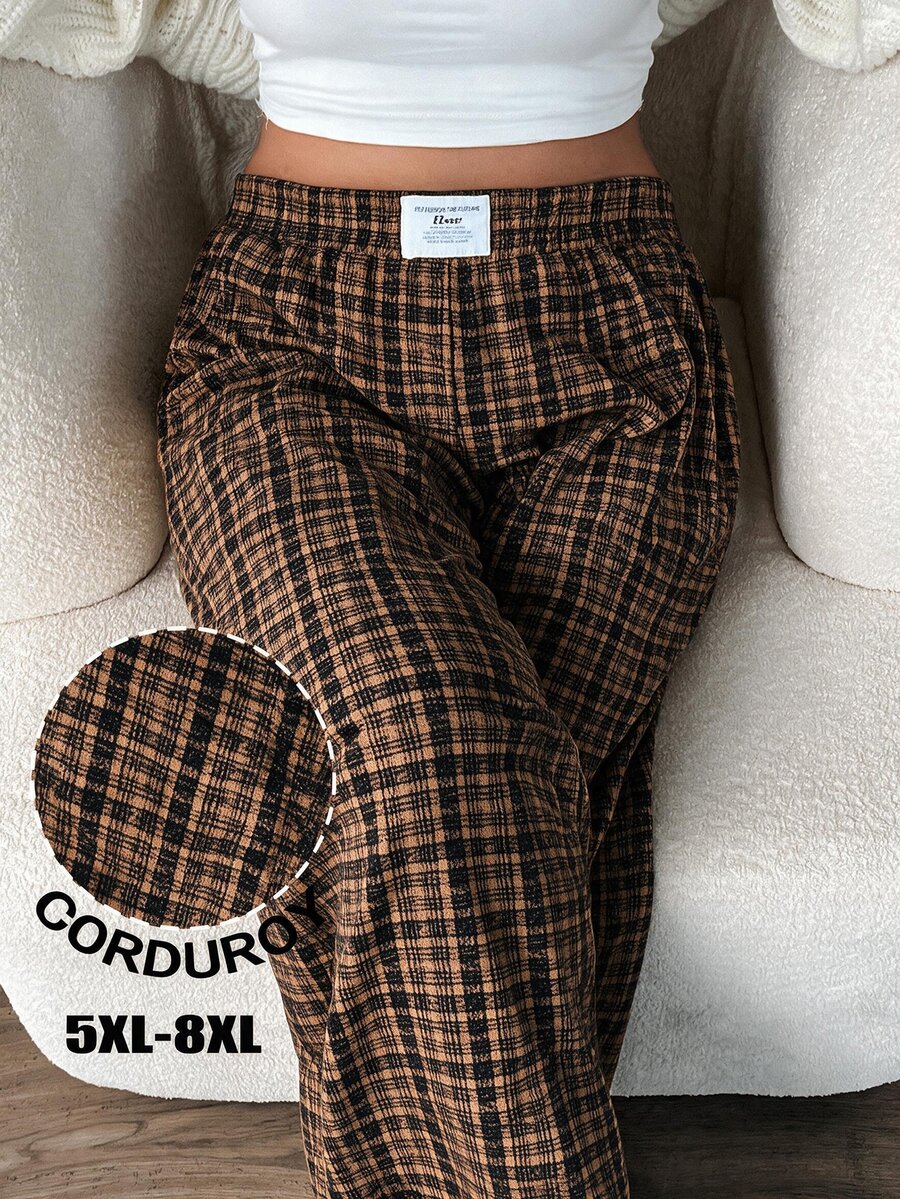 SHEIN CURVE+ Plus Size Women's High Waist Loose Corduroy Fabric Pants With Pockets & Patch Design, - Multicolor - View 1