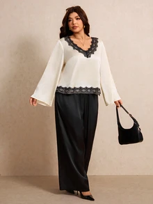 Elaquor Plus Size Women Lace Patchwork Long Sleeve Top And Pants Casual Daily 2 Pieces Set - Black and White - View 3