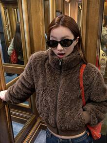 DAZY Brown Oversized Lapel Faux Fur Fabric Loose Long Sleeve Casual Short Jacket - Khaki - View 1