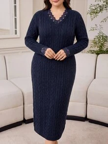 Veilorie Plus Size Women Casual V-Neck Long Sleeve Lace Patchwork Knit Dress - Navy Blue - View 2