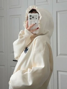 FRIFUL Women's Bow Embroidery Zipper Hooded Regular Jacket Suitable For Daily Wear School Everyday Cream White Autumn Casual Preppy - Apricot - View 2