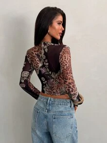 Aloruh Women's Leopard Print Floral Contrast Lace Cutout Design Long Sleeve Sexy Top - Multicolor - View 2