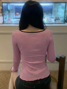 DAZY Contrast Color Lace Trim Fitted Long Sleeve Elegant Vacation Korean Style Casual Autumn/Winter Women's T-Shirt - Pink - View 2