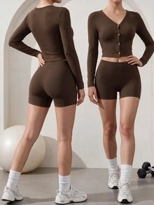 Easithlete جاكيت رياضي نسائي بلون موحد وأكمام طويلة وأزرار مفردة - بني - مشاهدة 1