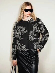 Aveloria Modichic Women's Jacket Loose Straight Embroidered Single-Breasted Round Neck Modern Black Large White Leaf Embroidery Fall Clothes For Women Autumn Outfit - Black - View 6
