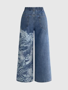 ROMWE Street Life Japanese Dragon & Floral Print Plus Size Denim Wide Leg Pants - Blue - View 2