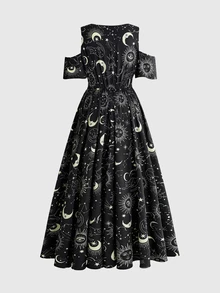 ROMWE Women's Summer Gothic Moon Sun Face Star Heart Sword Cat Zodiac Print Lace Patchwork Deep V-Neck Cold Shoulder High Slit Dress Top Prom Dress - Black - View 2