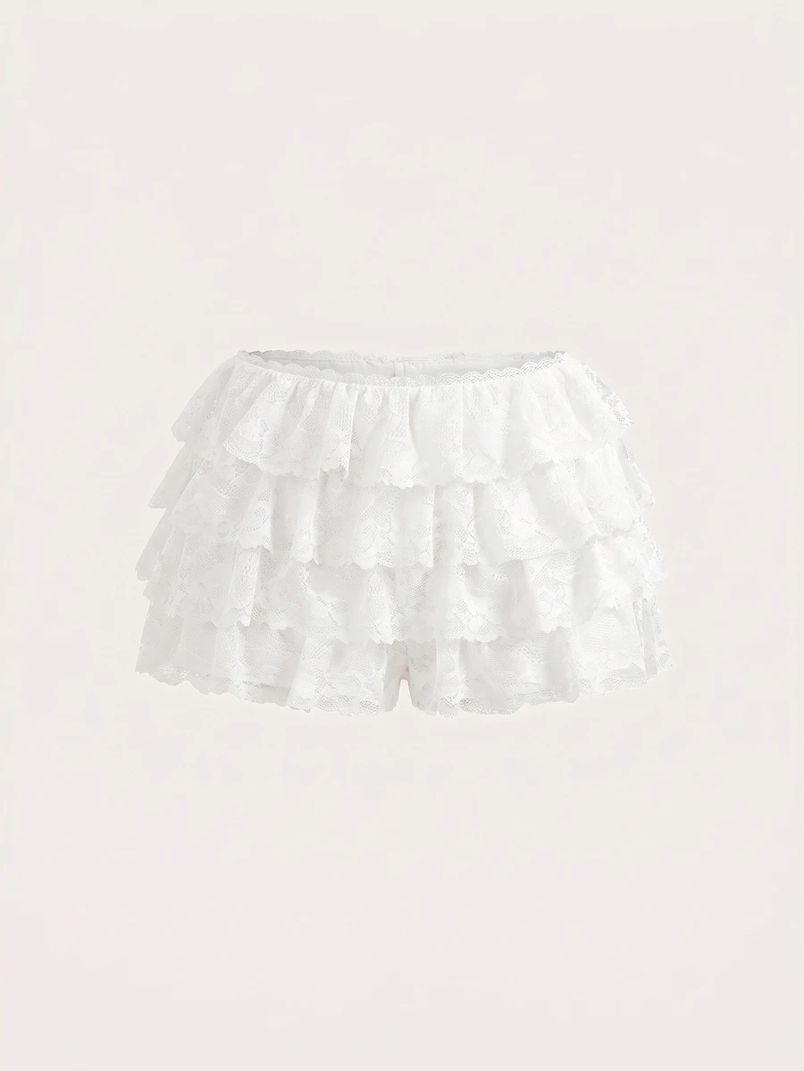 SHEIN ICON 女款純色多層荷葉邊時尚低腰裙褲 - 白色 - 查看 1