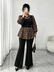 Elenzga Plus Size Casual Versatile Commute Patchwork 2 In 1 Shirt Top + Versatile Minimalist Flared Long Pants 2 Pieces Set - Multicolor - View 7
