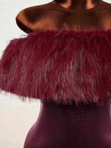 Mistrie Women's Autumn/Winter Sexy Party Solid Burgundy Off-Shoulder Faux Fur Collar Patchwork PU Mini Dress - Burgundy - View 7
