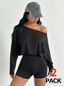 Coolane Women's Summer Going Out Run Yoga Streetwear Stretchy Comfortable Off Shouldera Sweater Black 2pcs - Black - View 1
