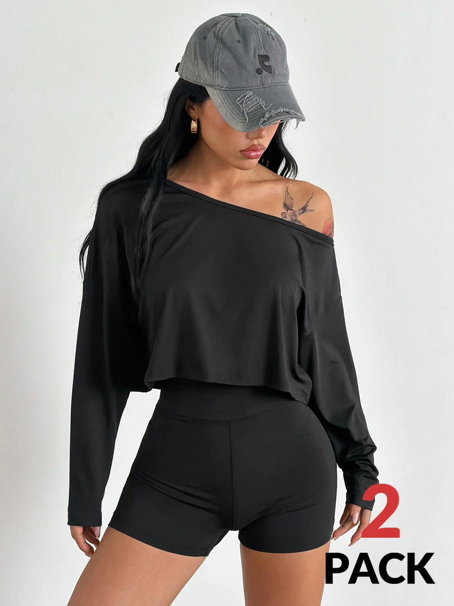 Coolane Women's Summer Going Out Run Yoga Streetwear Stretchy Comfortable Off Shouldera Sweater Black 2pcs - Black - View 1
