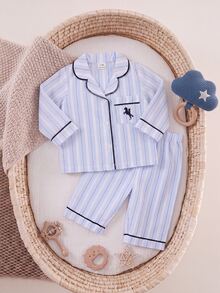 SHEIN Newborn Baby Boy Two-Tone Striped Fabric Collared Contrast Trim Animal Print Patch Pocket Button-Up Loose Top And Casual Straight Leg Pants Set, Suitable For Winter - Blue - View 7