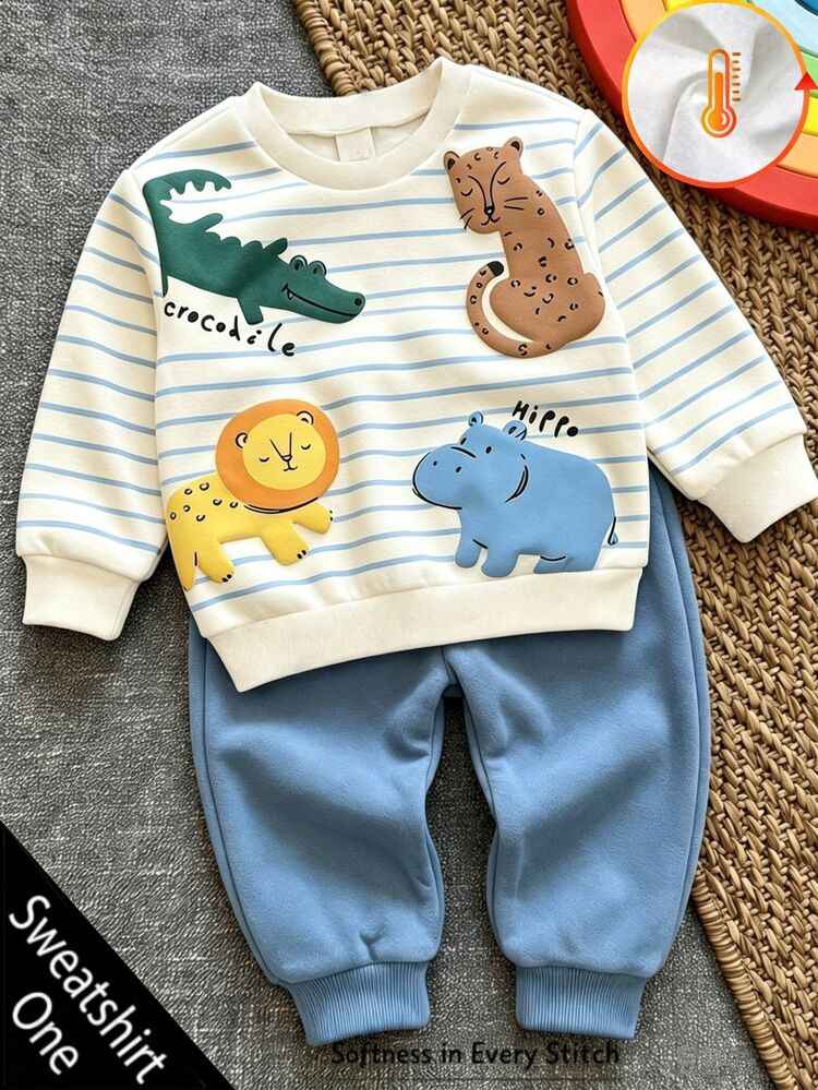 Baby Boys' Round-Neck Cute And Comfortable Cartoon Print Fleece Sweatshirt, Suitable For Autumn/Winter Seasons, Festivals, And Gift-Giving. - Black - View 1