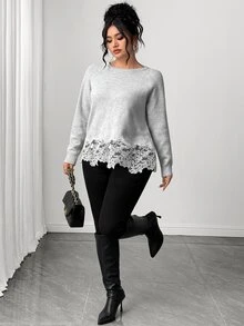 Elenzga Sweater Pullover Renda Elegan Pas Badan Ukuran Plus untuk Komuter - Grey - View 6